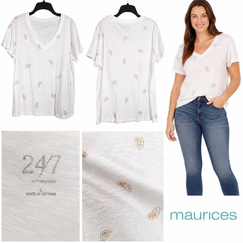 Maurices 24/7 Lemon Print V Neck Tee L